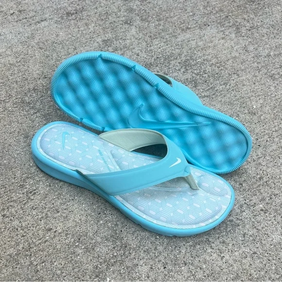WMNS NIKE ULTRA COMFORT THONG BABY BLUE WHITE FOOTBEDS ZIG ZAG SQUARE